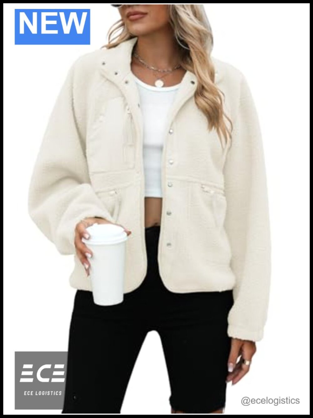 Sherpa Fleece Button Down Jacket Fuzzy Oversized Cropped Women's